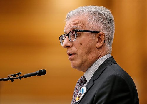 JOHN WOODS / FREE PRESS
University of Manitoba president Michael Benarroch speaks at a rematriation and repatriation apology event at the University of Manitoba (U of MB) in Winnipeg Monday, June 3, 2024. Benarroch apologized for U of MB&#x2019;s history related to the inappropriate acquisition and housing of First Nations, Inuit and M&#xe9;tis ancestral remains, burial belongings, and cultural heritage without consent.

Reporter: nicole