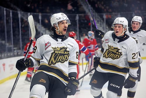 Matteo Michels of the Brandon Wheat Kings celebrates after scoring the first goal against the Spokane Chiefs in Western Hockey League action at Westoba Place on Wednesday evening. (Tim Smith/The Brandon Sun) 