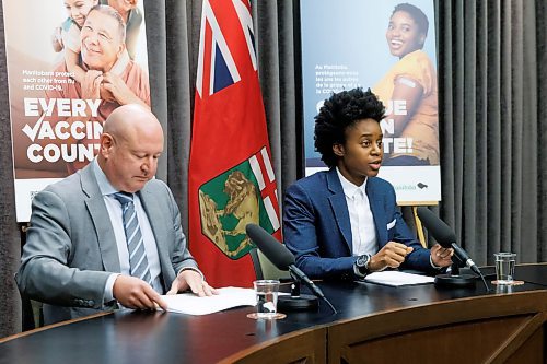 MIKE DEAL / FREE PRESS
Health, Seniors and Long-Term Care Minister Uzoma Asagwara and Dr. Brent Roussin, chief provincial public health officer, hold a press conference urging Manitobans to get their flu and COVID19 vaccine booster shots, Wednesday morning at the Manitoba Legislative building.
Reporter: Maggie Macintosh
241016 - Wednesday, October 16, 2024.