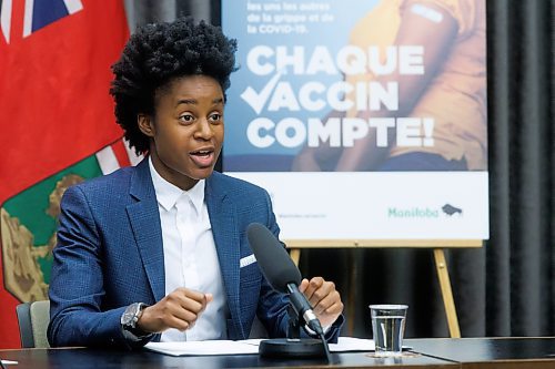 MIKE DEAL / FREE PRESS
Health, Seniors and Long-Term Care Minister Uzoma Asagwara and Dr. Brent Roussin, chief provincial public health officer, hold a press conference urging Manitobans to get their flu and COVID19 vaccine booster shots, Wednesday morning at the Manitoba Legislative building.
Reporter: Maggie Macintosh
241016 - Wednesday, October 16, 2024.