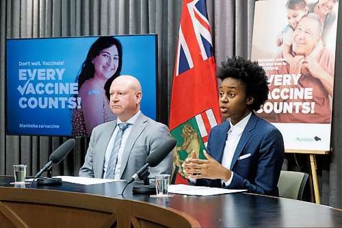 MIKE DEAL / FREE PRESS
Health, Seniors and Long-Term Care Minister Uzoma Asagwara and Dr. Brent Roussin, chief provincial public health officer, hold a press conference urging Manitobans to get their flu and COVID19 vaccine booster shots, Wednesday morning at the Manitoba Legislative building.
Reporter: Maggie Macintosh
241016 - Wednesday, October 16, 2024.