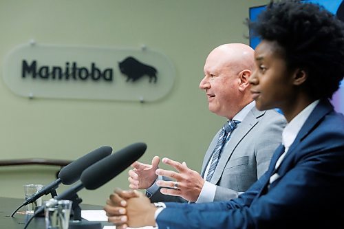 MIKE DEAL / FREE PRESS
Health, Seniors and Long-Term Care Minister Uzoma Asagwara and Dr. Brent Roussin, chief provincial public health officer, hold a press conference urging Manitobans to get their flu and COVID19 vaccine booster shots, Wednesday morning at the Manitoba Legislative building.
Reporter: Maggie Macintosh
241016 - Wednesday, October 16, 2024.