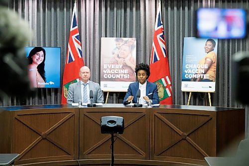 MIKE DEAL / FREE PRESS
Health, Seniors and Long-Term Care Minister Uzoma Asagwara and Dr. Brent Roussin, chief provincial public health officer, hold a press conference urging Manitobans to get their flu and COVID19 vaccine booster shots, Wednesday morning at the Manitoba Legislative building.
Reporter: Maggie Macintosh
241016 - Wednesday, October 16, 2024.