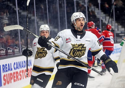 15102024
Matteo Michels #88 of the Brandon Wheat Kings celebrates after scoring the first goal of the night during WHL action against the Spokane Chiefs at Westoba Place on Wednesday evening.
(Tim Smith/The Brandon Sun) 