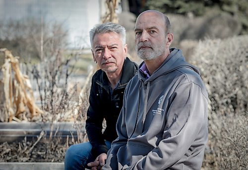 JOHN WOODS / FREE PRESS
James Stokes, right, a man who was forcefully taken into custody by police when his roommate Brian Flamand, left, called when Stokes suffered a mental health crisis is photographed at River Osbourne Community Centre Sunday, April 14, 2024. Flamand called the mobile mental health crisis line looking for help, and was shocked  when police showed up at their door.

Reporter: standup