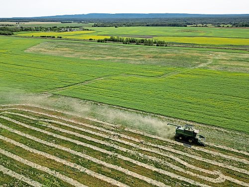 A combine works a field north of Riding Mountain National Park earlier this fall, following a strong growing season in western Manitoba, thanks in large part to an improvement in precipitation in the province. (Tim Smith/The Brandon Sun)