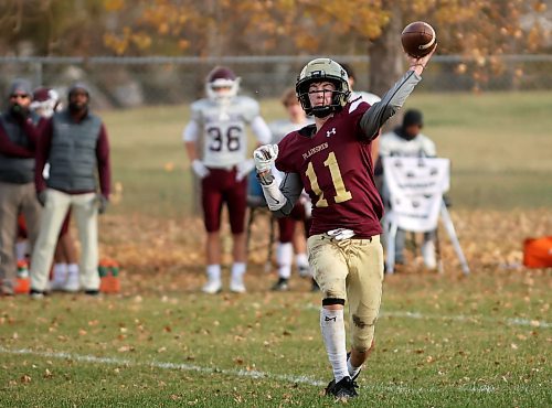 17102024
Quarterback Simon Leckie #11 of the Crocus Plainsmen throws a pass during high school football action against the St. Paul&#x2019;s Crusaders at CPRSS on a warm Thursday. 
(Tim Smith/The Brandon Sun)