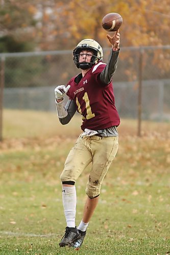 17102024
Quarterback Simon Leckie #11 of the Crocus Plainsmen throws a pass during high school football action against the St. Paul&#x2019;s Crusaders at CPRSS on a warm Thursday. 
(Tim Smith/The Brandon Sun)