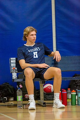 BROOK JONES / FREE PRESS
The River East Kodiaks varsity boys volleyball team earned a victory over the visiting Garden City Gophers in three straight sets (26-24, 25-14, 25-18-) in AAAA KPAC Tier 1 volleyball action at River East Collegiate in Winnipeg, Man., Wednesday, Oct. 16, 2024. Pictured: River East Kodiaks Tanner Naghtigall (No. 8), who plays middle, is on the bench.