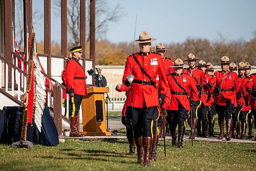 MIKAELA MACKENZIE / FREE PRESS
	
Outgoing commanding officer of the Manitoba RCMP Rob Hill (left) is honoured with a march past during the Manitoba RCMP ceremonial transfer of command from Rob Hill to Scott McMurchy at Lower Fort Garry National Historic Site on Thursday, Oct. 17, 2024.

Standup.
Winnipeg Free Press 2024