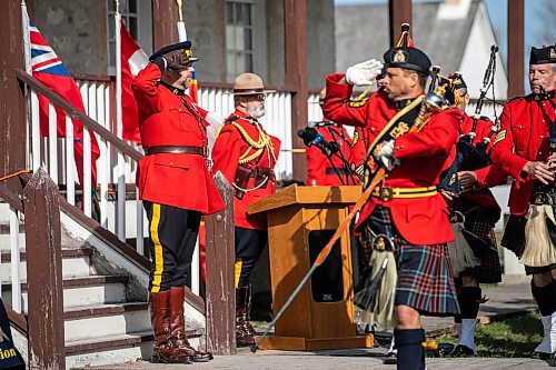 MIKAELA MACKENZIE / FREE PRESS
	
Outgoing commanding officer of the Manitoba RCMP Rob Hill (left) is honoured with a march past during the Manitoba RCMP ceremonial transfer of command from Rob Hill to Scott McMurchy at Lower Fort Garry National Historic Site on Thursday, Oct. 17, 2024.

Standup.
Winnipeg Free Press 2024