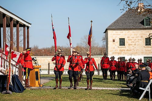 MIKAELA MACKENZIE / FREE PRESS
	
Outgoing commanding officer of the Manitoba RCMP Rob Hill (left) is honoured with a march past during the Manitoba RCMP ceremonial transfer of command from Rob Hill to Scott McMurchy at Lower Fort Garry National Historic Site on Thursday, Oct. 17, 2024.

Standup.
Winnipeg Free Press 2024