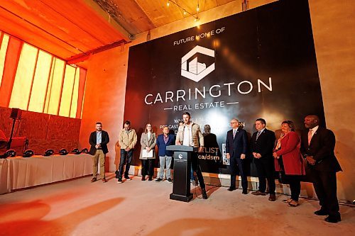 MIKE DEAL / FREE PRESS
Jared Carrington, President Carrington Real Estate, speaks during the ceremony Carrington Real Estate held to celebrate their new efforts to complete the 185 Donald Street tower located at the corner of Donald Street and St. Mary Avenue, Friday afternoon.
241018 - Friday, October 18, 2024.