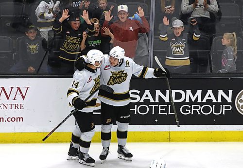 Brandon Wheat Kings forward Marcus Nguyen (72) celebrates his goal against the Seattle Thunderbirds with defenceman Adam Belusko (14) during the third period in Western Hockey League action at Westoba Place on Friday. (Perry Bergson/The Brandon Sun)
Oct. 18, 2024