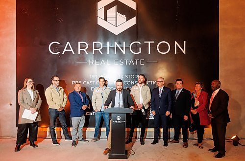 MIKE DEAL / FREE PRESS
Paul Davis, COO of residential for Carrington, speaks during the ceremony Carrington Real Estate held to celebrate their new efforts to complete the 185 Donald Street tower located at the corner of Donald Street and St. Mary Avenue, Friday afternoon.
241018 - Friday, October 18, 2024.