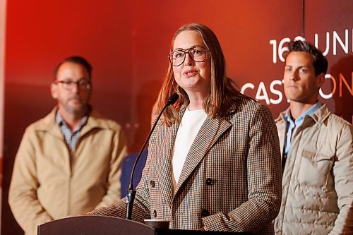 MIKE DEAL / FREE PRESS
Kate Fenske, CEO of Downtown Winnipeg BIZ, speaks during the ceremony Carrington Real Estate held to celebrate their new efforts to complete the 185 Donald Street tower located at the corner of Donald Street and St. Mary Avenue, Friday afternoon.
241018 - Friday, October 18, 2024.