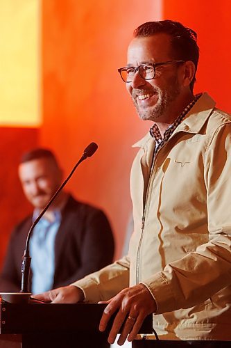 MIKE DEAL / FREE PRESS
Russell Krepart, Partner MMP Architects, speaks during the ceremony Carrington Real Estate held to celebrate their new efforts to complete the 185 Donald Street tower located at the corner of Donald Street and St. Mary Avenue, Friday afternoon.
241018 - Friday, October 18, 2024.