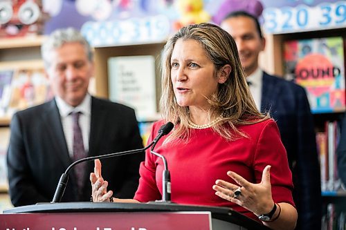 MIKAELA MACKENZIE / FREE PRESS
	
Deputy prime minister Chrystia Freeland speaks at a school nutrition program funding announcement at Marion School in Winnipeg on Friday, Oct. 18, 2024.

For Maggie story.
Winnipeg Free Press 2024