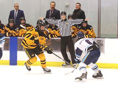 Brandon Wheat Kings forward Reid Nicol (7) is playing in the Manitoba U18 AAA Hockey League as an underager, and is expected to be a high pick in the 2025 Western Hockey League draft. He is shown dumping the puck into the Winnipeg Thrashers zone as defenceman Kaden Sutherland (6) defends at J&amp;G Homes Arena on Saturday, Oct. 21, 2024. (Perry Bergson/The Brandon Sun)
Oct. 21, 2024
