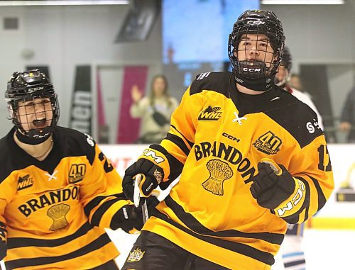 Brandon Wheat Kings forward Roan Michalchuk (17), right, celebrates his goal against the Winnipeg Thrashers as teammate Kale Jones (2) yells his approval in Manitoba U18 AAA Hockey League action at J&amp;G Homes Arena on Saturday. (Perry Bergson/The Brandon Sun)
Oct. 21, 2024