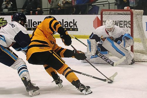 Brandon Wheat Kings forward Cole Dupuis (27) goes hard to the Winnipeg Thrashers net as goalie Hudson Hunnie (1) and defenceman Kaden Sutherland (6) defend in Manitoba U18 AAA Hockey League action at J&amp;G Homes Arena on Saturday. (Perry Bergson/The Brandon Sun)
Oct. 21, 2024