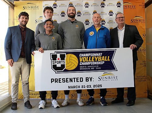 Sunrise Credit Union's Conner Ross, left, and Tim Klassen, right, flank Liam Kindle, JJ Love, head coach Grant Wilson and Michael Flor, front, of the Brandon University men's volleyball team as Sunrise is named the title sponsor of the 2025 U Sports men's volleyball championship in March. (Thomas Friesen/The Brandon Sun)