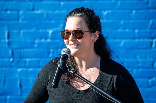 MIKAELA MACKENZIE / FREE PRESS
	
Chelsea White, interim president of the St. James Village BIZ, speaks at the Canada Connects Love &amp; Family mosaic mural unveiling at 1797 Portage Avenue on Monday, Oct. 21, 2024.

For biz story.
Winnipeg Free Press 2024