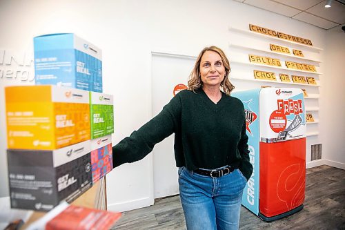 MIKAELA MACKENZIE / FREE PRESS
	
Cheryl Zealand, founder of Cranked Energy Bars, at her business in Winnipeg on Monday, Oct. 21, 2024. Zealand appeared on Dragons' Den last Thursday, looking for a strategic partner to help her expand her company nationally.

For Aaron Epp story.
Winnipeg Free Press 2024