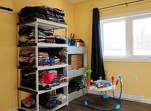 A shelving unit showing donations from the community in one of the rooms at OTTER Centre in Carberry. Otter stands for overcoming trauma through everlasting relationships and is a 16-bed facility set up to reunite and support mothers and families who have been caught up or entangled in the child and family service system. (Michele McDougall/The Brandon Sun)
