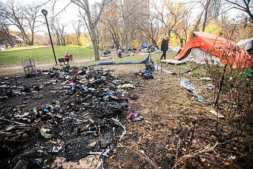 MIKAELA MACKENZIE / FREE PRESS
	
The site of a fire at an encampment near 37 Balmoral Street on Wednesday, Oct. 23, 2024.

For Joyanne story.
Winnipeg Free Press 2024