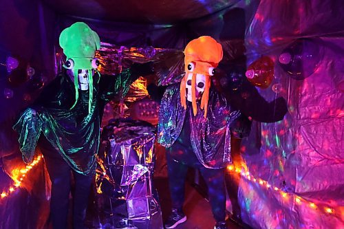 Two alien skeletons are shown in one of the rooms at the haunted house at 1610 Byng Ave. in Brandon, created by Big Brothers Big Sisters Westman. The haunted house will be open today, tomorrow and Saturday starting at 6 p.m. each day. (Michele McDougall/The Brandon Sun)