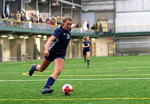 Brandon University Bobcats Bien Van Berkel winds up to shoot against the St. Boniface Les Rouges in the MCAC women's soccer semifinals in Winnipeg on Thursday. (Thomas Friesen/The Brandon Sun)