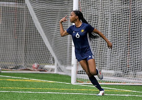 Keashae Masters celebrates her second-half goal as the Brandon University Bobcats beat the St. Boniface Les Rouges 5-1 in the MCAC women's soccer semifinals. (Thomas Friesen/The Brandon Sun)