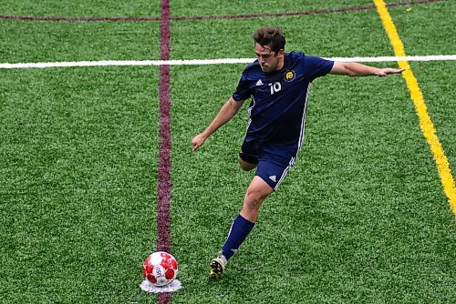 Matheus Ruffini scores the first goal of the game from the penalty spot just before the end of the first half. (Thomas Friesen/The Brandon Sun)