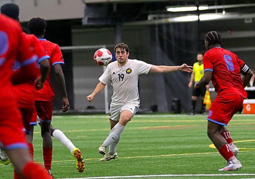 Brandon's Matheus Ruffini winds up to volley the ball during the MCAC men's soccer final against St. Boniface in Winnipeg on Friday. (Thomas Friesen/The Brandon Sun)