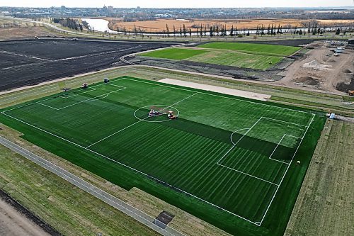 Work continues on the Maple Leaf Foods Sports Complex along Veterans Way east of First Street North in Brandon on Thursday. (Tim Smith/The Brandon Sun)