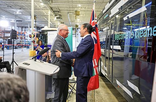 Ruth Bonneville / Free Press

Biz - New Flyer announcement 

Photo of Premier Wab Kinew and  Paul Soubry, CEO of New Flyer Industries, shaking hands after event. 

New Flyer Industries hosts media event announcing that they are expanding their  production to make electric buses in Canada, from start to finish, with the help of $38 million in new funding from the federal and provincial governments Friday. 

Paul Soubry, president and CEO, NFI Group Inc. spoke at the event  and thanked all levels of government for their support.  

Premier Wab Kinew, 
Federal Northern Affairs Minister Dan Vandal, and Minister Jamie Moses were some of the officials in attendance.. 

See Martin Cash story.

Oct 25th, , 2024
