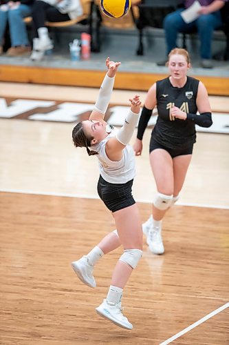 BROOK JONES/FREE PRESS
The University of Manitoba Bisons women's volleyball team hosts the visiting Thompson Rivers WolfPack in Canada West volleyball action at Investors Group Athletic Centre at the University of Manitoba's Fort Garry Campus. Pictured: Univesity of Manitoba Bisons setter Katreena Bentley (No. 12) reaches for the volleyball during second set action.