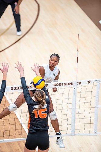 BROOK JONES/FREE PRESS
The University of Manitoba Bisons women's volleyball team hosts the visiting Thompson Rivers WolfPack in Canada West volleyball action at Investors Group Athletic Centre at the University of Manitoba's Fort Garry Campus. Pictured: Univesity of Manitoba Bisons left side Lightg Uchechukwu (No. 9) spikes the volleyball during second set action.