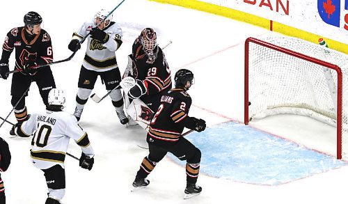 Calgary Hitmen goalie Ethan Buenaventura of Winnipeg (29) looks at the puck in the net behind him as Brandon Wheat Kings forward Nolan Flamand (91) celebrates during Western Hockey League action on Saturday at Westoba Place after Brandon scored in the final minute to tie the game. Hitmen defencemen Alex Hurtig (6) and Dax Williams (2) and Wheat Kings forward Caleb Hadland (10) are also shown. Brandon won 4-3 in overtime. (Perry Bergson/The Brandon Sun)
Oct. 28, 2024