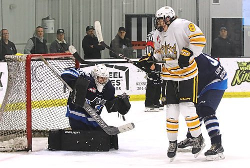 The puck drops in front of Norman Northstars goalie Lincoln Richcoon (35) after he made a blocker save as Brandon Wheat Kings forward Jaxson Brick (8) and Northstars defenceman Austin Gibb (5) fight for position in Manitoba U18 AAA Hockey League action at J&G Homes Arena on Saturday. (Perry Bergson/The Brandon Sun)
Oct. 28, 2024