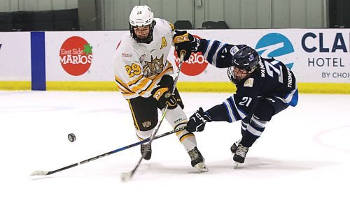 Brandon Wheat Kings forward Jonah Lemoine (29) has the puck knocked away by Norman Northstars forward Tyler Wamboldt (21) during overtime in Manitoba U18 AAA Hockey League action at J&amp;G Homes Arena on Saturday. Norman shocked Brandon with a 2-1 shootout victory. (Perry Bergson/The Brandon Sun)
Oct. 28, 2024