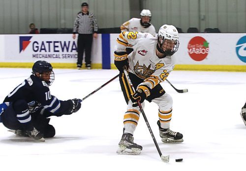 Brandon Wheat Kings forward Aiden Laing (22) works past Norman Northstars defender Chantyn Michell-Thompson (10) to get a shot on net in overtime in Manitoba U18 AAA Hockey League action at J&G Homes Arena on Saturday. Norman shocked Brandon with a 2-1 shootout victory. (Perry Bergson/The Brandon Sun)
Oct. 28, 2024