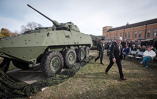 JOHN WOODS / FREE PRESS
Jim Seggie, right, father of Corporal Michael Seggie who was killed in Afghanistan, walks away after unveiling a light armoured vehicle (LAV) as a monument to those who lost their lives in Afghanistan at a ceremony at the armoury on McGregor Sunday October 27, 2024. 

Reporter: ?