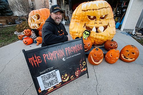 JOHN WOODS / FREE PRESS
Chris Okell, who for years has been decorating donated pumpkins outside his St. Vital home to raise funds for CancerCare Manitoba, sets up his display on his driveway Monday October 28, 2024. Okell was motivated to make and start his Pumpkin Promise charity when his mother Marietta died of pancreatic cancer in 2010.

Reporter: massimo