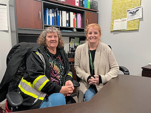 Samaritan House Ministries outgoing executive director Barb McNish (left) and incoming executive director Heather Symbalisty sit in their office on Tuesday morning. Despite a recent study by Food Banks Canada showing a decrease in Manitoba food bank usage between March 2023 and March 2024, they said demand at their organization's food bank is increasing. (Colin Slark/The Brandon Sun)