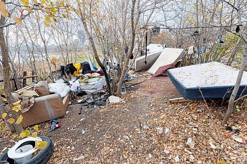 MIKE DEAL / FREE PRESS
The remains of part of an encampment in Fort Douglas Park near Waterfront Drive and Galt Avenue after a recent fire.
241029 - Tuesday, October 29, 2024.