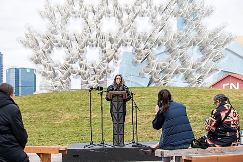 MIKAELA MACKENZIE / FREE PRESS
	
Jose Drouin-Brisebois, National Gallery of Canada senior manager of national engagement, speaks at the official opening of the Forever Bicycles statue return to The Forks (on a ten year loan from the National Gallery of Canada) in Winnipeg on Tuesday, Oct. 29, 2024.

Standup.
Winnipeg Free Press 2024