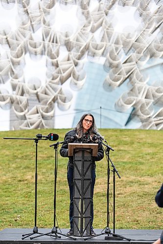 MIKAELA MACKENZIE / FREE PRESS
	
Jose Drouin-Brisebois, National Gallery of Canada senior manager of national engagement, speaks at the official opening of the Forever Bicycles statue return to The Forks (on a ten year loan from the National Gallery of Canada) in Winnipeg on Tuesday, Oct. 29, 2024.

Standup.
Winnipeg Free Press 2024