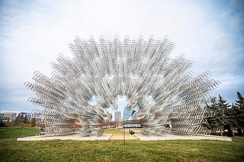 MIKAELA MACKENZIE / FREE PRESS
	
The Forever Bicycles statue returns to The Forks on a ten year loan from the National Gallery of Canada in Winnipeg on Tuesday, Oct. 29, 2024.

Standup.
Winnipeg Free Press 2024